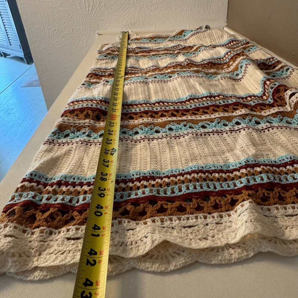 Crochet Midi Dress XL Cream Brown Turquoise Boho Striped Sleeveless Romantic - Picture 7 of 8